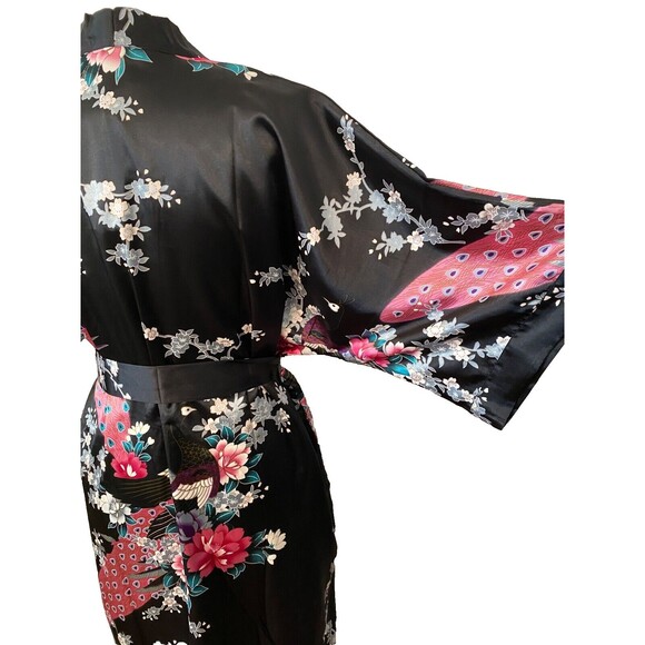 Vtg NWT BABEYOND Satin Kimono Robe Women's M/L Black Floral Peacock Y2K Boho - Picture 6 of 13